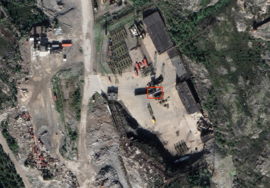 An annotated Google Earth satellite photo marks a suspected nuclear warhead missile at the Gadzhiyevo base.
