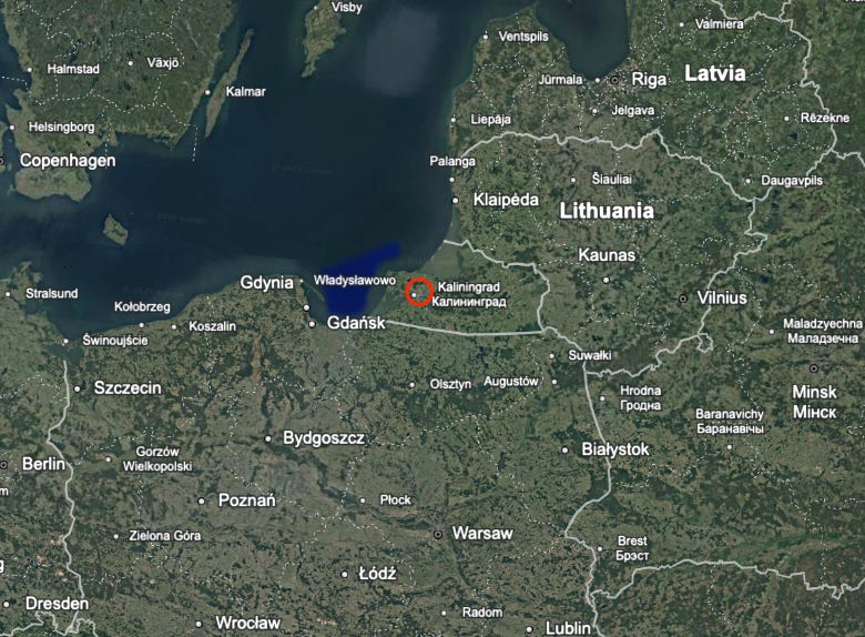 A Google Earth overview shows the rough location of the Kaliningrad facility.