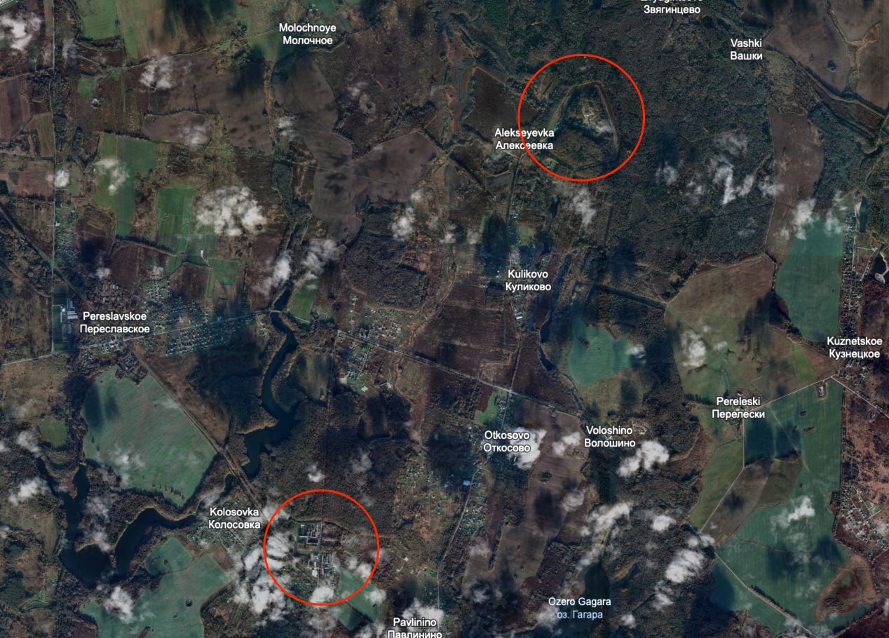 A Google Earth screenshot shows two facilities marked by red annotated circles in Kaliningrad.