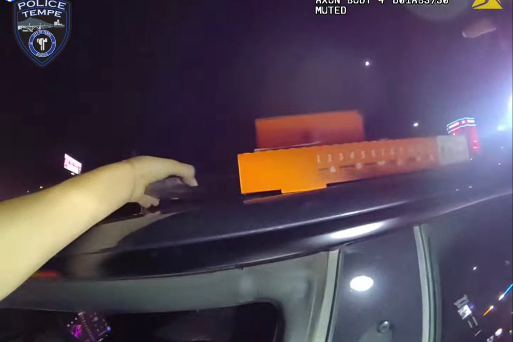 A hand placing a DoorDash delivery on a car.