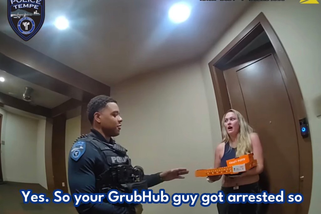 Tempe police officer informing a woman that her Grubhub driver was arrested.