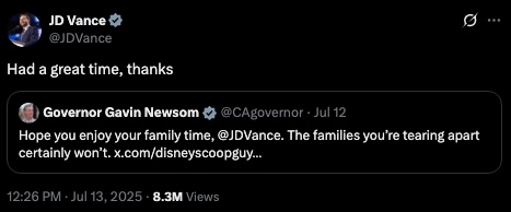 Screenshot of a Twitter exchange between JD Vance and Governor Gavin Newsom.