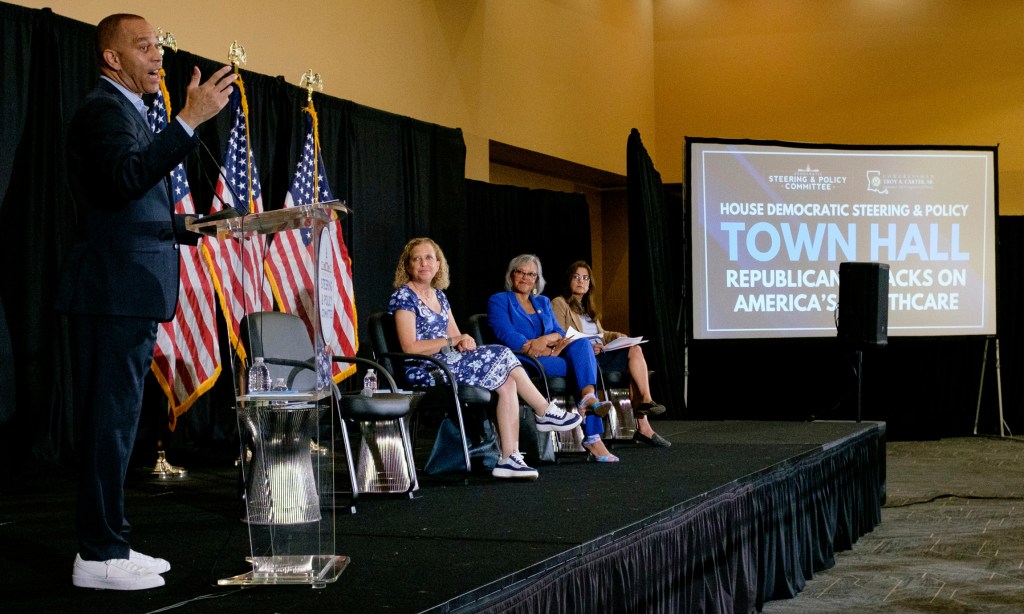 Hakeem Jeffries leading a town hall on Republican attacks on healthcare.