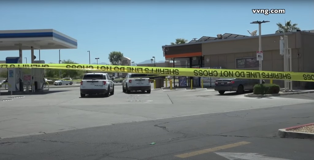 Authorities at the scene of the local convenience station in California's San Bernardino County on Bear Valley Road.