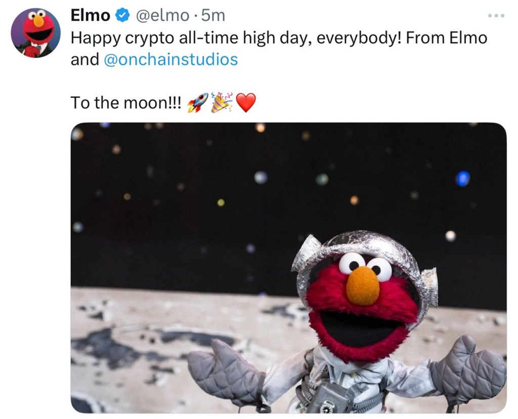 Elmo, dressed as an astronaut, on the moon.