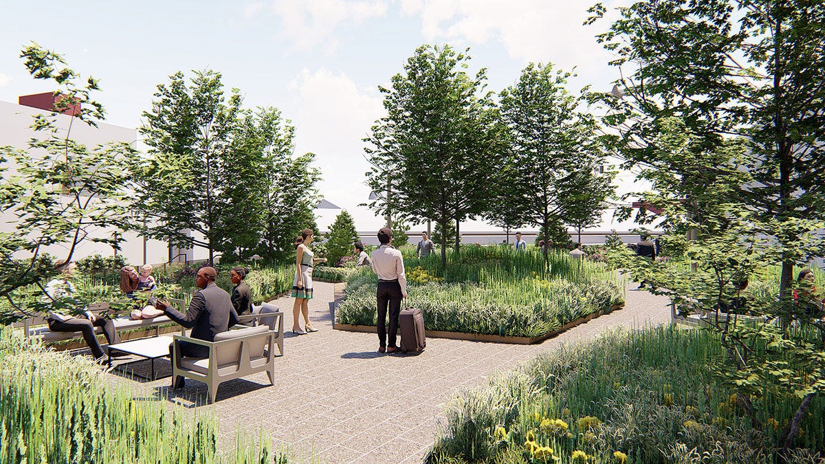Rendering of an outdoor space at Pittsburgh International Airport.