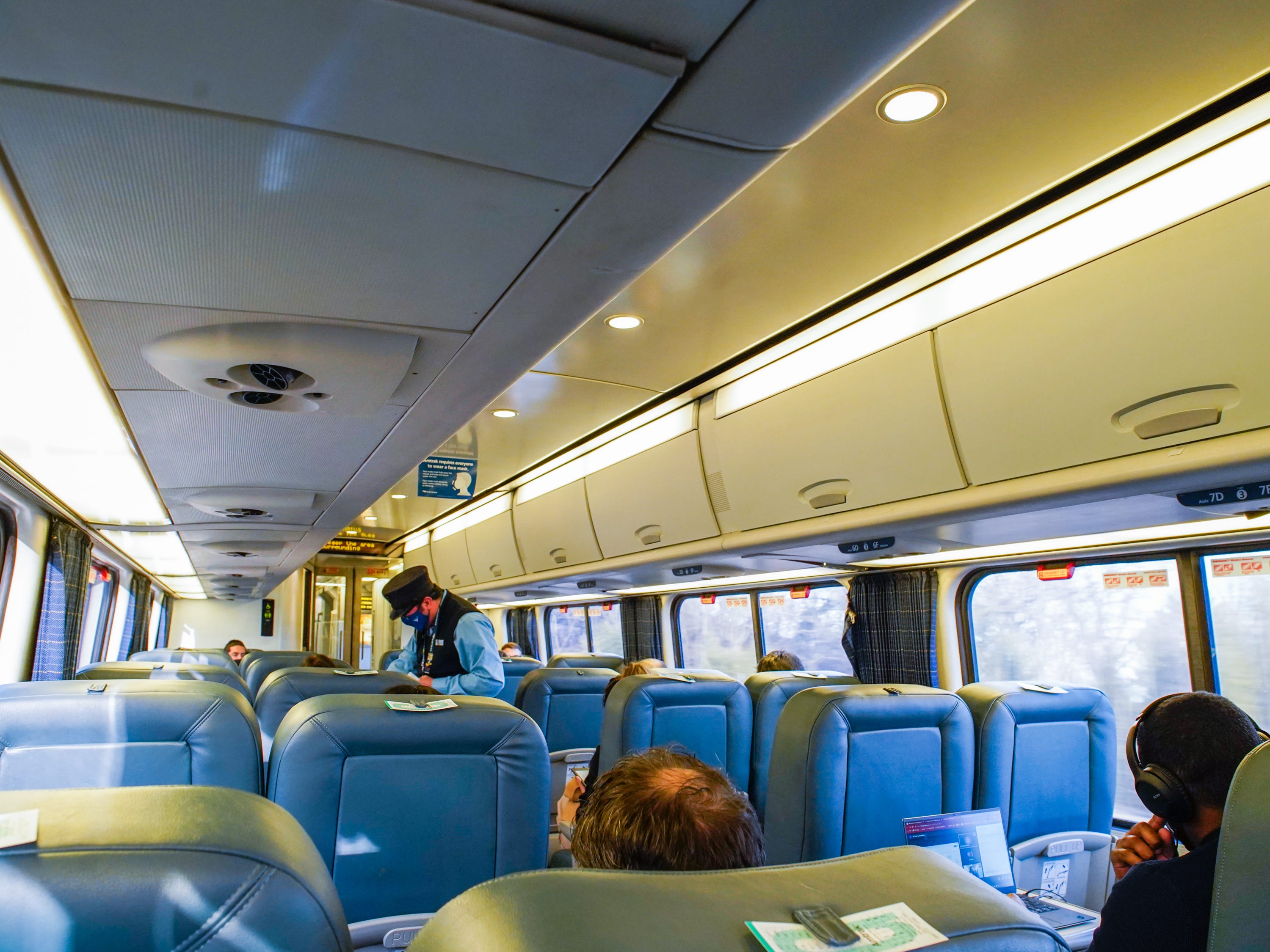 Inside a business class car on Amtrak