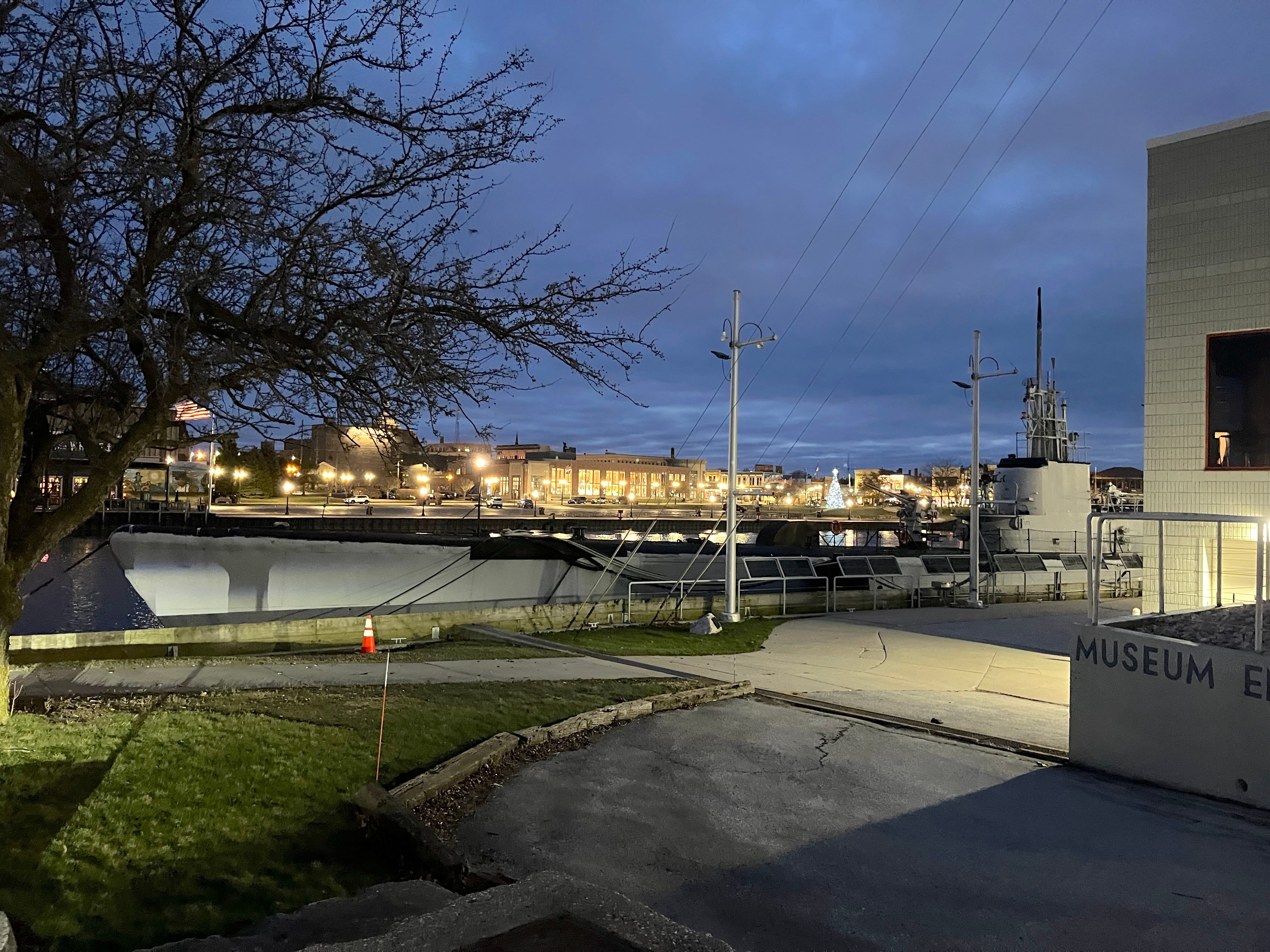 The USS Cobia visible from the parking lot of the Wisconsin Maritime Museum.
