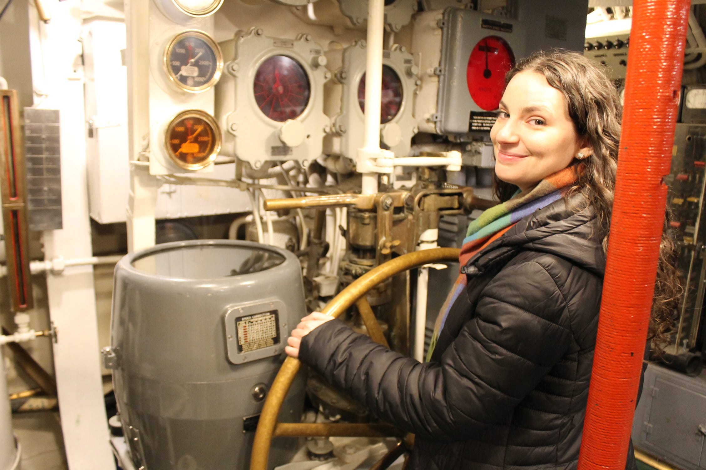 Talia Lakritz in the control room of the USS Cobia.