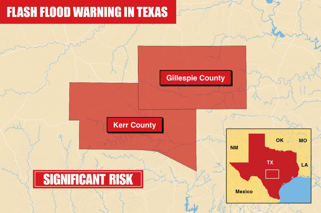 Map of Texas highlighting Gillespie and Kerr Counties at significant risk of flash flooding.