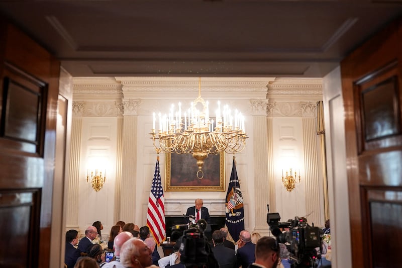 Monday’s event was held in the White House’s State Dining Room. Reports said 60 business CEOs and leaders attended.