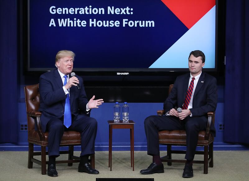 Charlie Kirk, pictured here with President Donald Trump during Trump's first term, has warned that the Jeffrey Epstein crisis won't go away.
