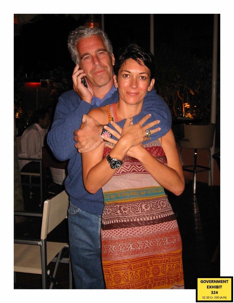 Photo of Jeffrey Epstein and Ghislaine Maxwell embracing.
