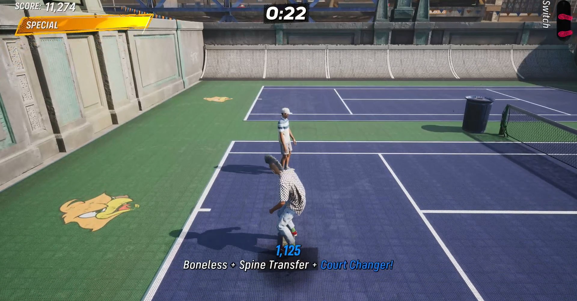 A Tony Hawk’s Pro Skater 4 screenshot showing the final part of the combo that you need to perform to complete the “Boneless spine transfer between the courts” mission.