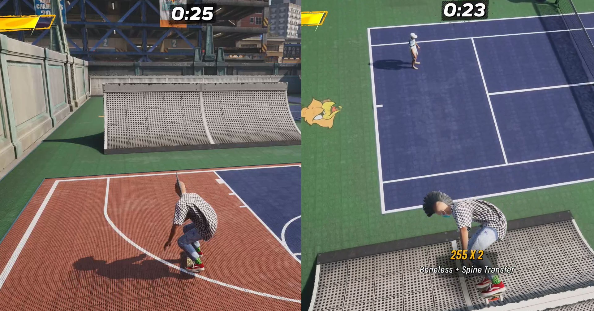 A montage of two Tony Hawk’s Pro Skater 4 screenshots showing the before and during the execution of combo Boneless plus Spine Transfer.