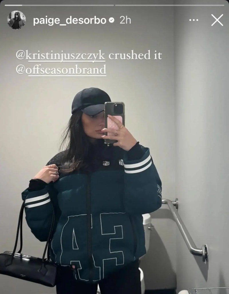 Paige DeSorbo taking a selfie at a Philadelphia Eagles vs. Green Bay Packers game in January.
