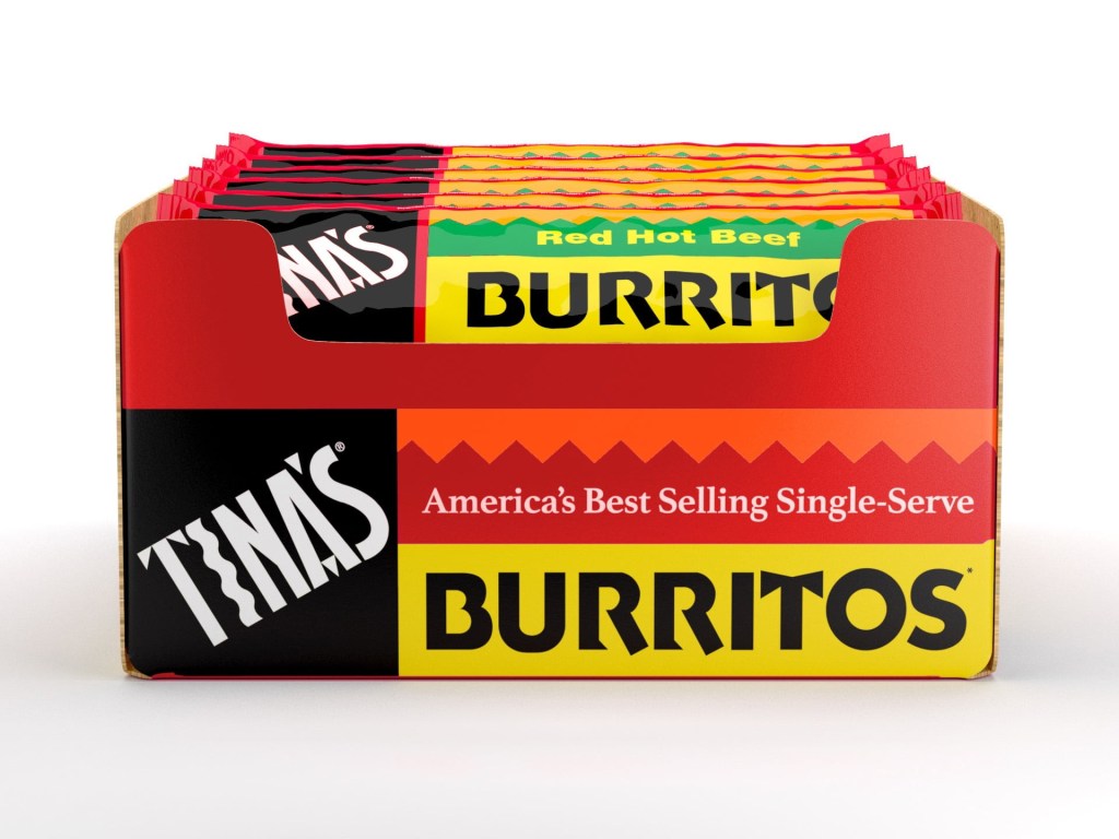 Box of Tina's Red Hot Beef Burritos.