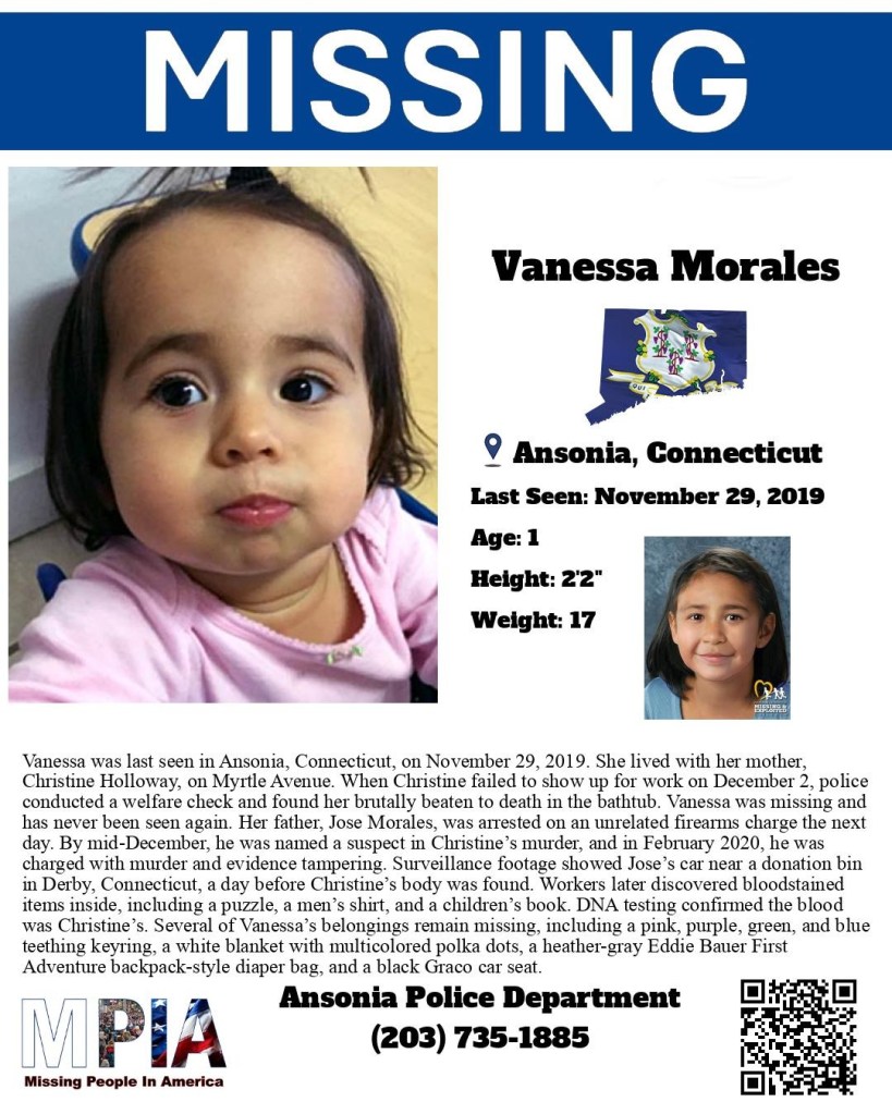 Missing person poster for Vanessa Morales, age 1, last seen in Ansonia, Connecticut.
