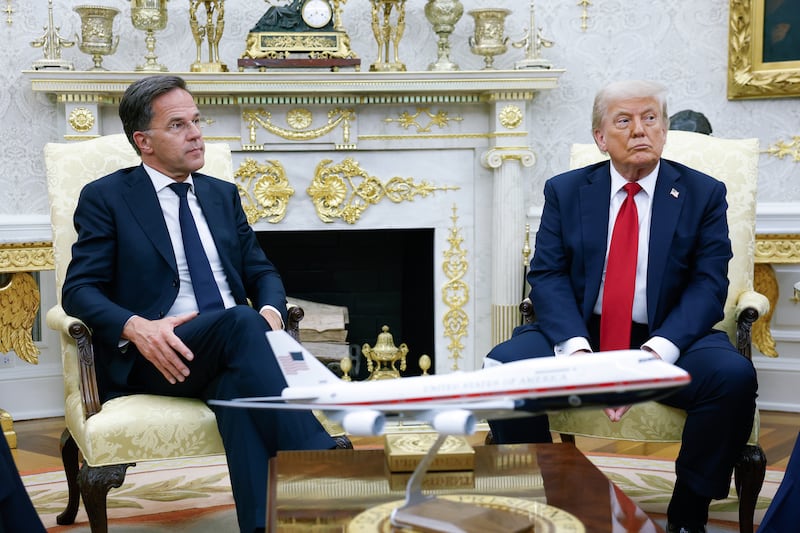 WASHINGTON, DC - JULY 14: U.S. President Donald Trump meets with NATO Secretary General Mark Rutte (L) in the Oval Office at the White House on July 14, 2025 in Washington, DC. Trump is meeting with Rutte a day after announcing that the U.S. will send Patriot air defense missiles to Ukraine to help it defend against Russia's intensifying aerial attacks. (Photo by Kevin Dietsch/Getty Images)