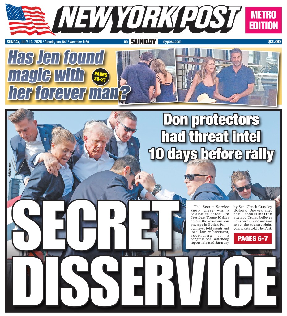 New York Post front page: Secret Service had threat intel 10 days before Trump rally.