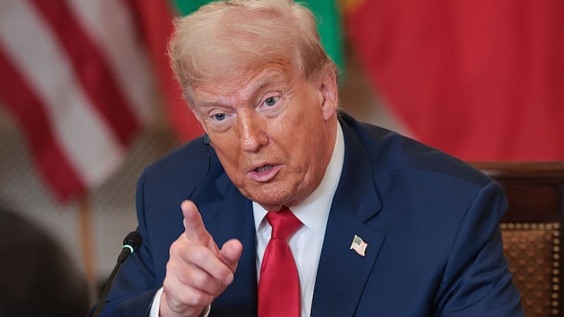 WASHINGTON, DC - JULY 09: U.S. President Donald Trump answers questions during a multilateral lunch with African leaders in the State Dining Room of the White House July 9, 2025 in Washington, DC. The leaders of Gabon, Guinea-Bissau, Liberia, Mauritania and Senegal met with Trump during the luncheon. (Photo by Win McNamee/Getty Images)