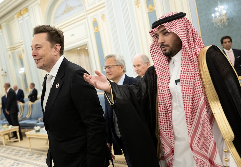 An official leads Jensen Huang and Elon Musk to meet the Saudi crown prince for an investing event with President Donald Trump in May.