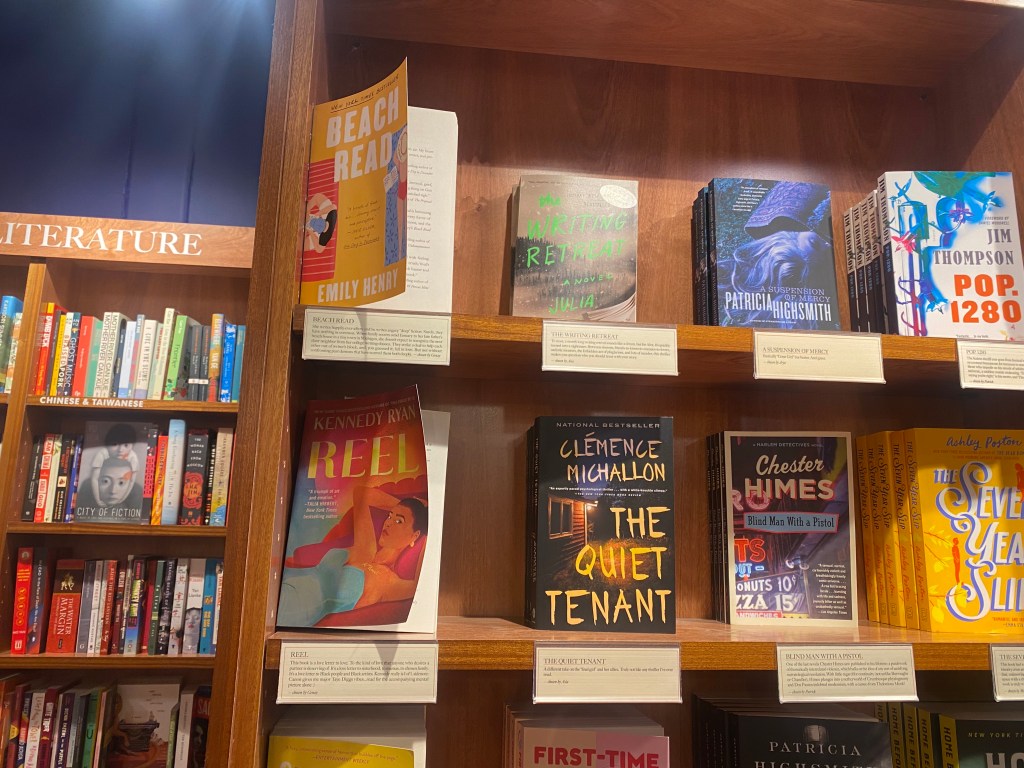 Book shelves in a bookstore.