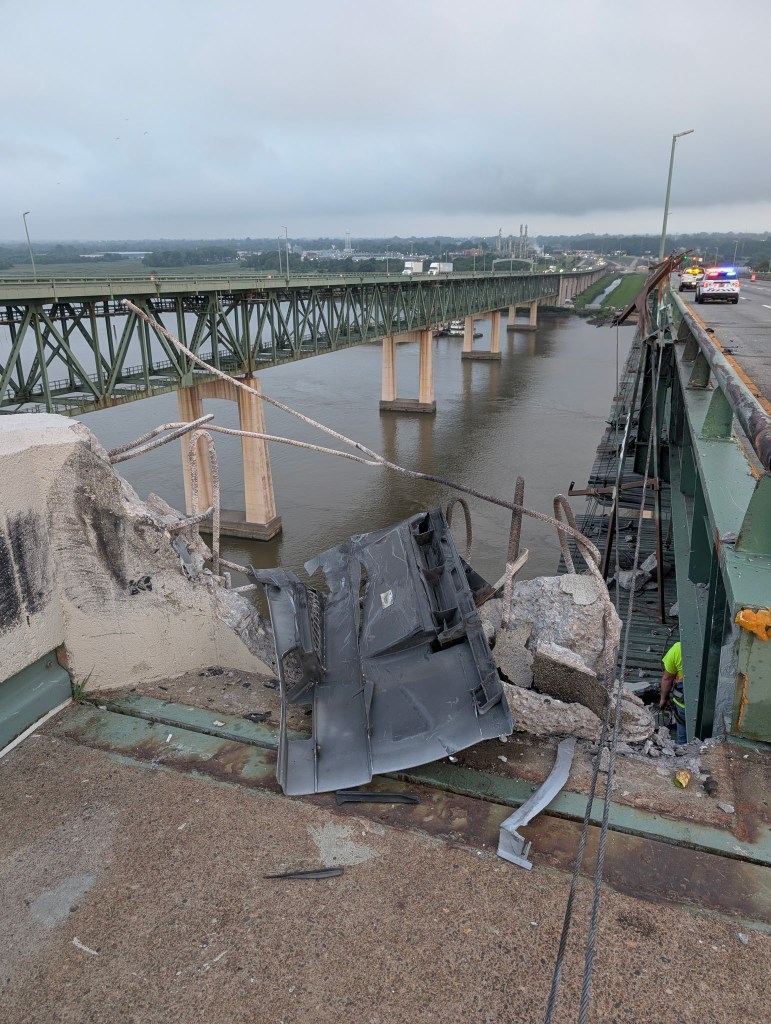 Debris from a tractor-trailer crash on the Delaware Memorial Bridge.