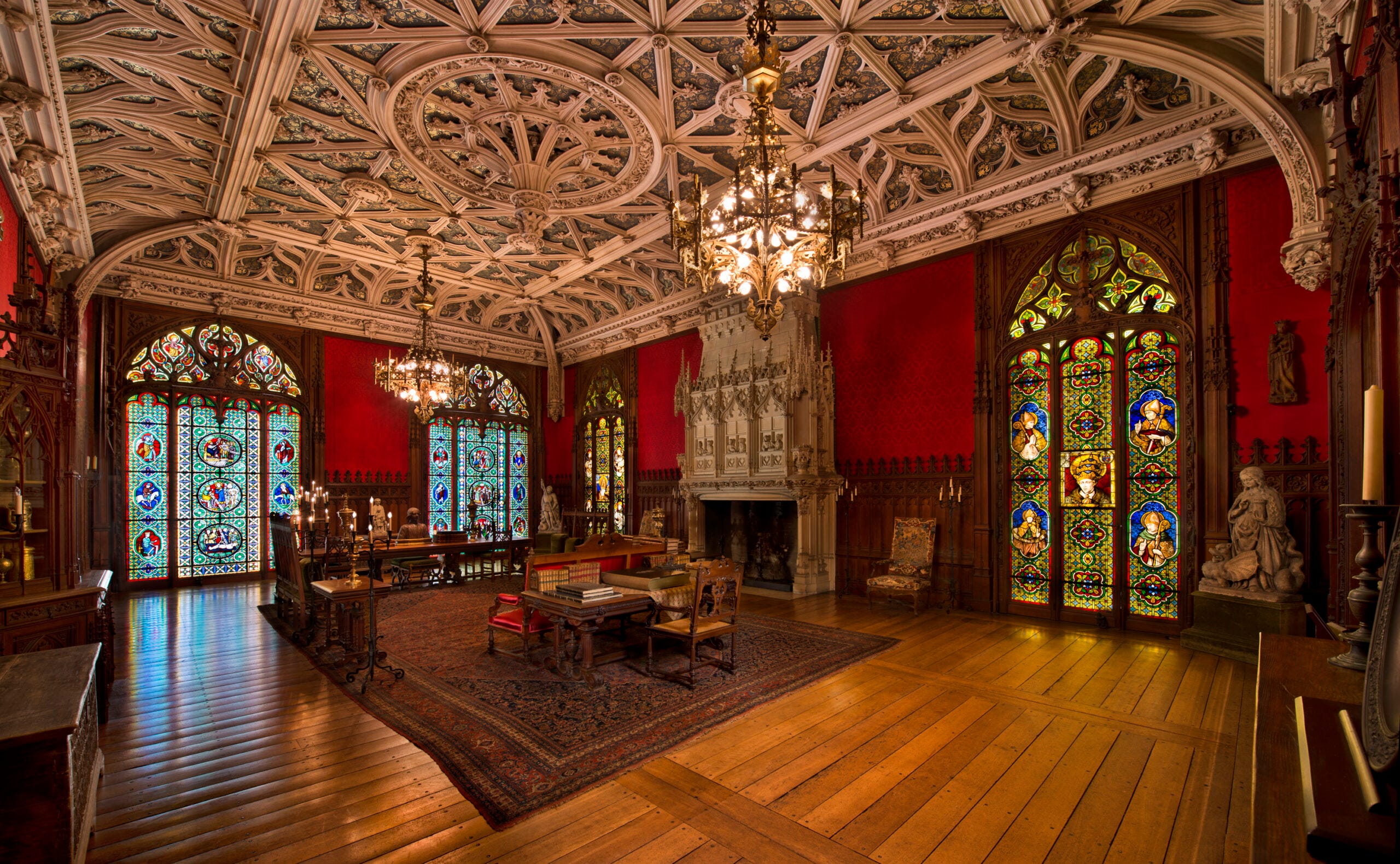The Gothic Room at Marble House with stained glass windows.