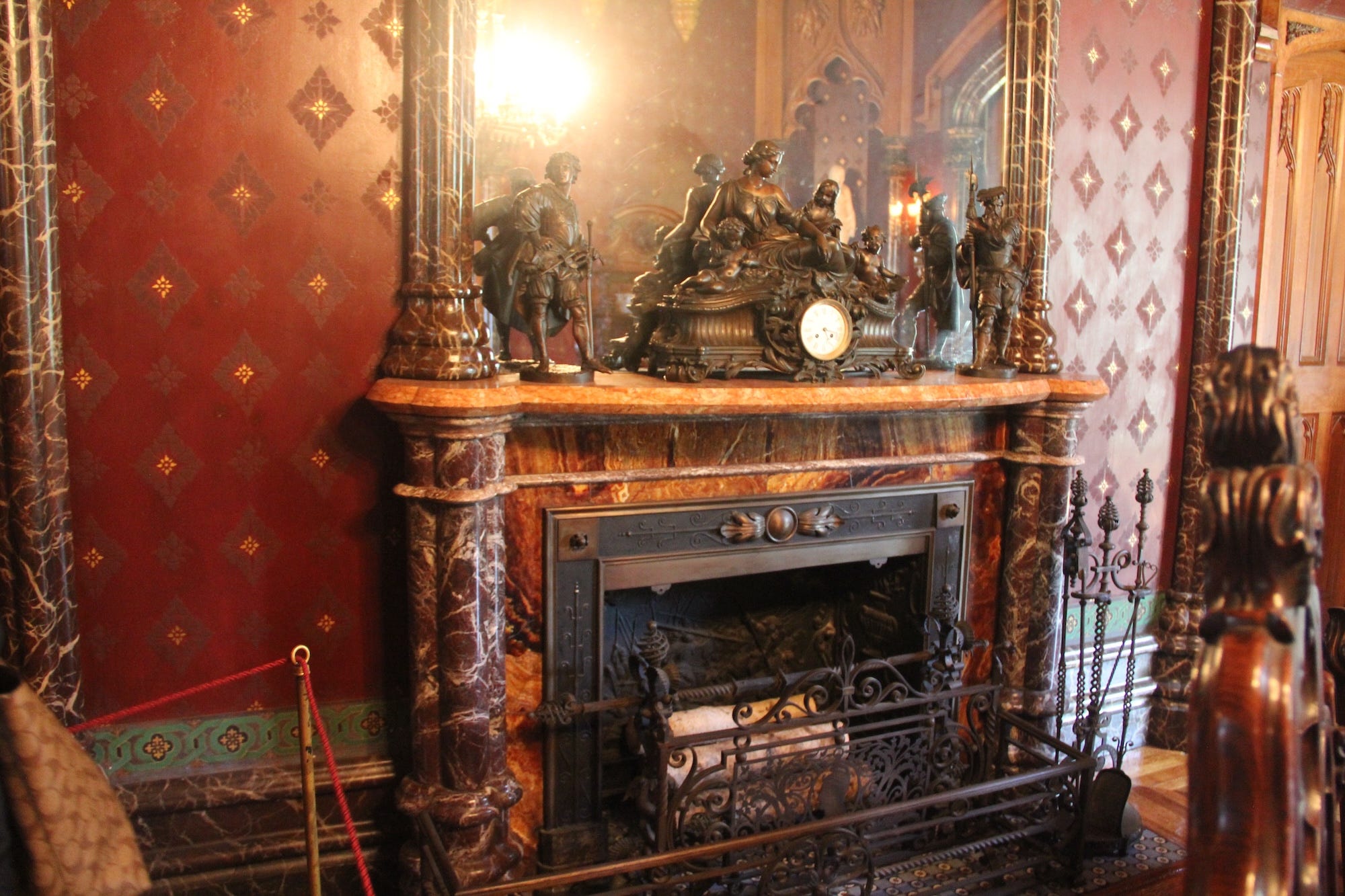 A fireplace in the dining room at Lyndhurst Mansion.