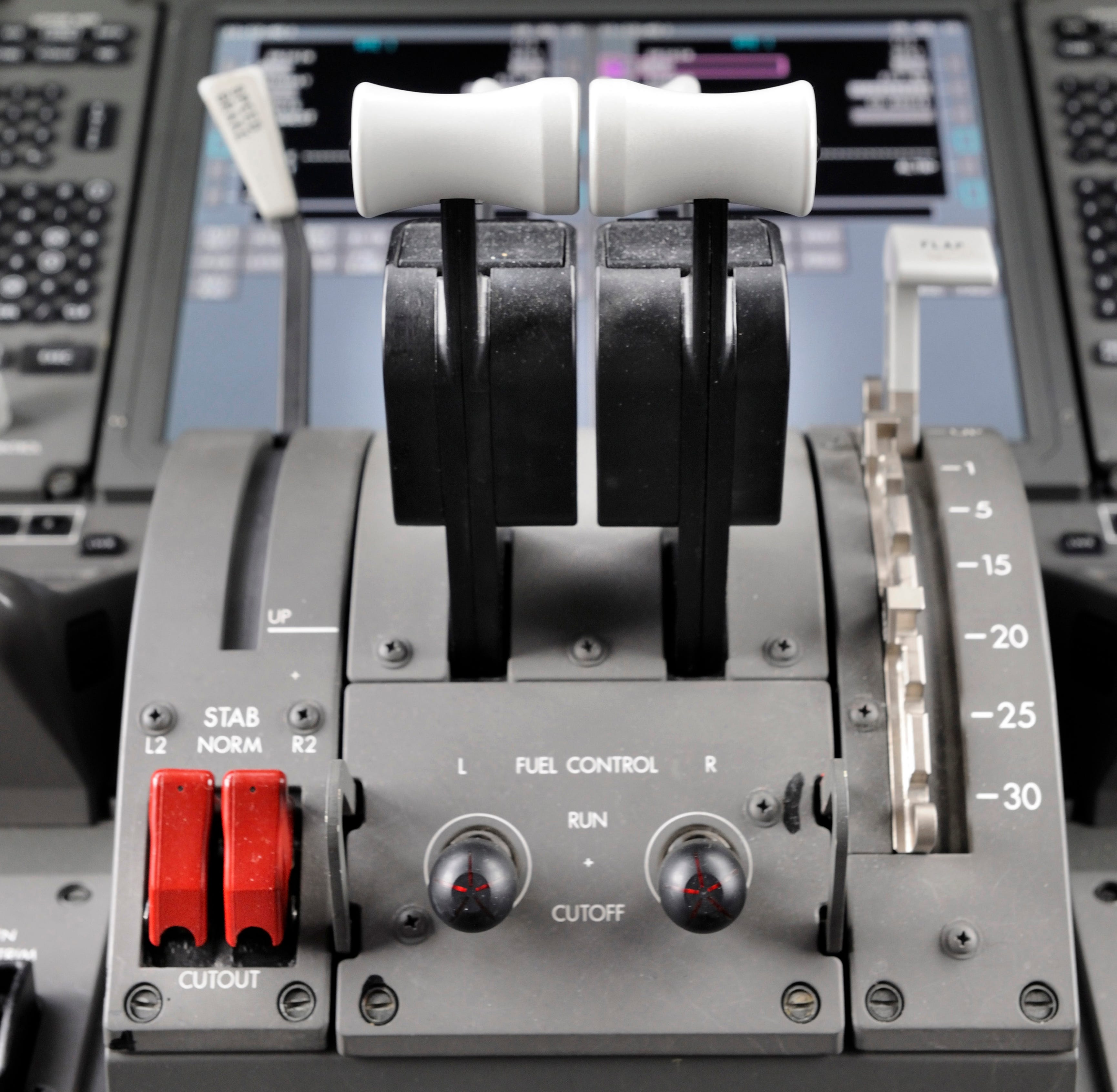 Throttles in the cockpit of a Boeing 787 prototype in the static-display at the Farnborough Airshow 2010.