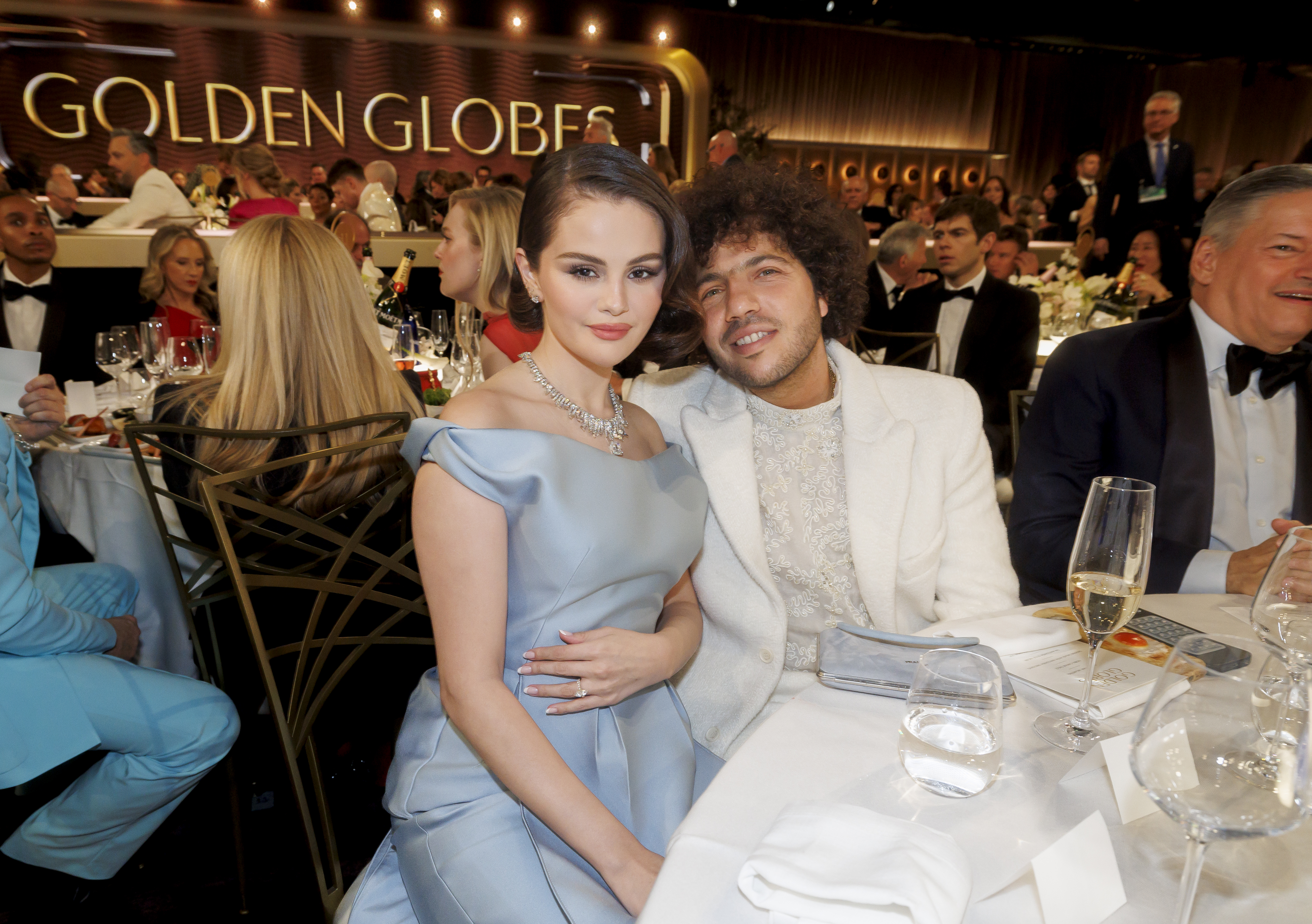 Selena Gomez and Benny Blanco att he 2025 Golden Globes 