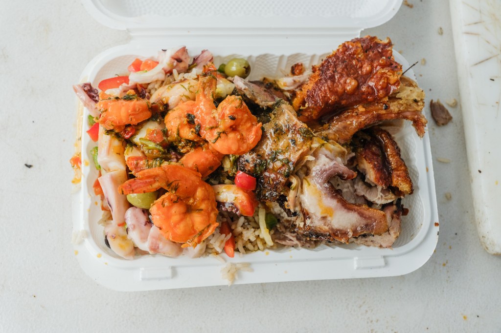 Lechon, shrimp, octopus and rice.