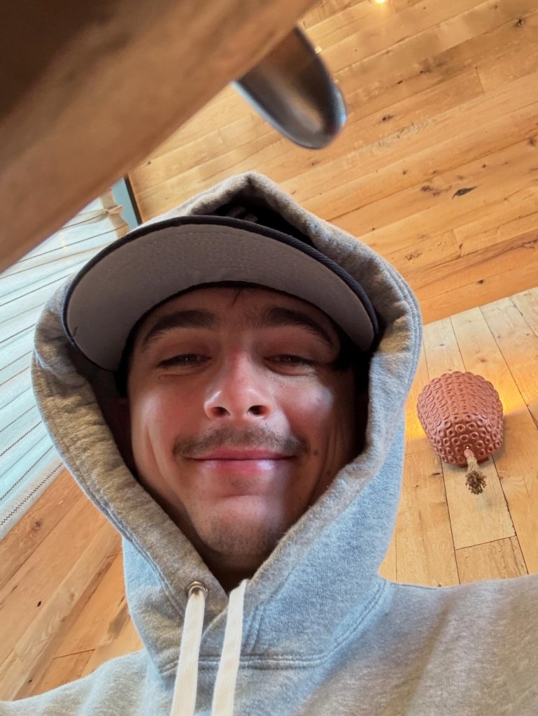Timothée Chalamet shares a hooded selfie while in Greece.