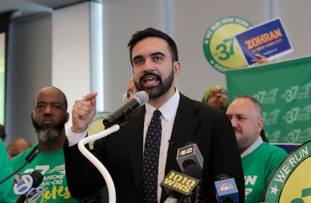 Zohran Mamdani at a press conference announcing a union endorsement.