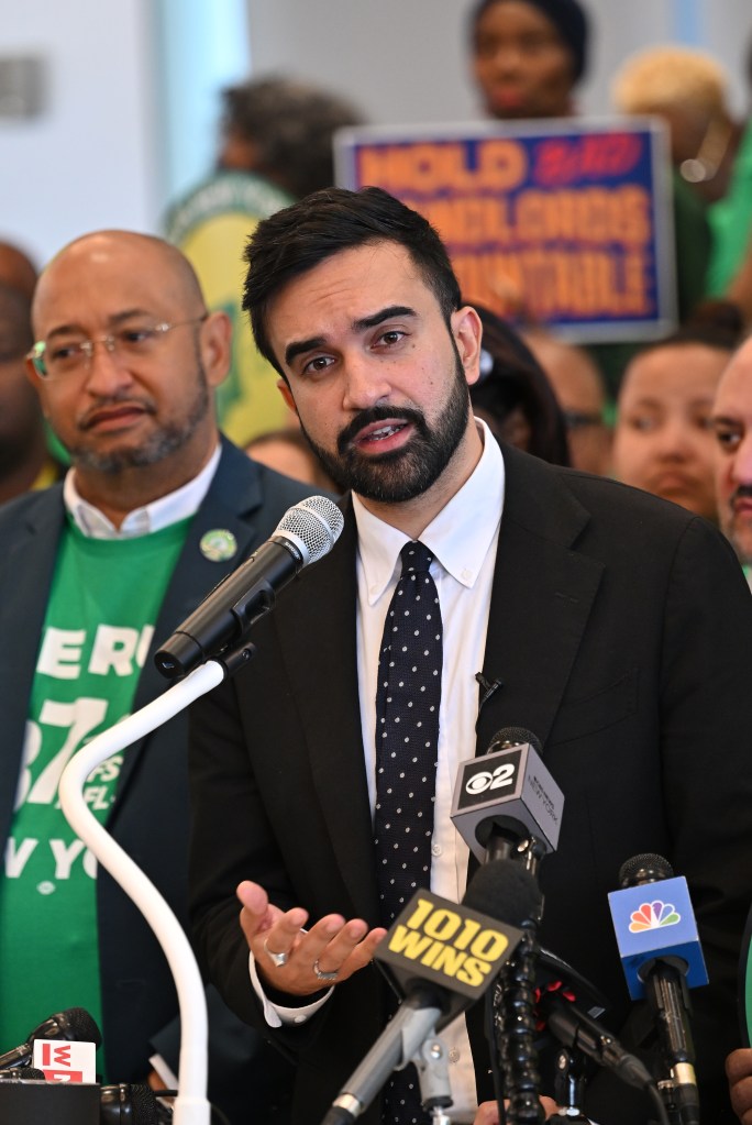 Zohran Mamdani at a press conference, endorsed by DC37.