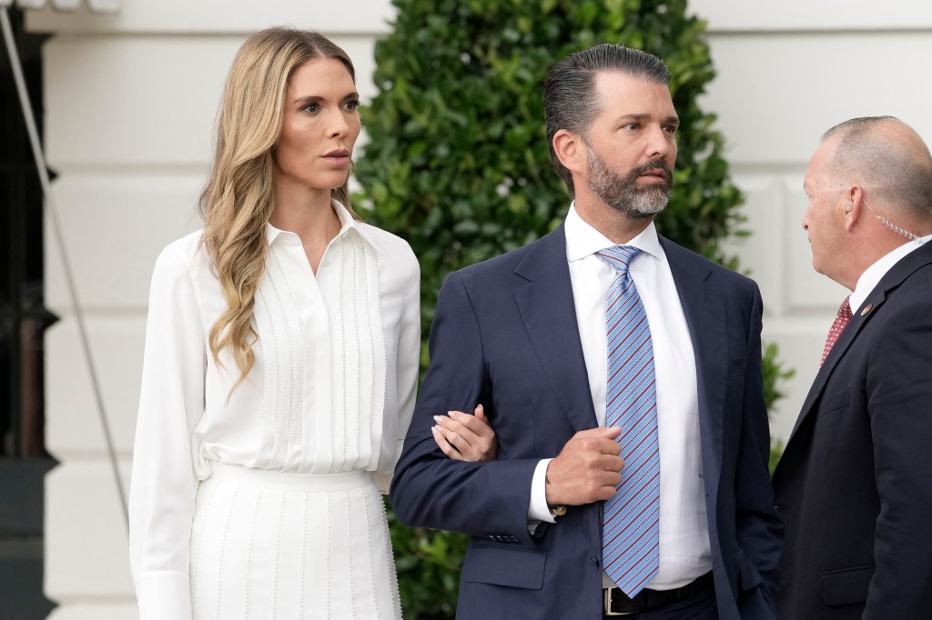 Donald Trump Jr. and Bettina Anderson depart the White House to attend the Military Parade marking the 250th anniversary of the founding of the US Army, in Washington, DC, on June 14, 2025. 