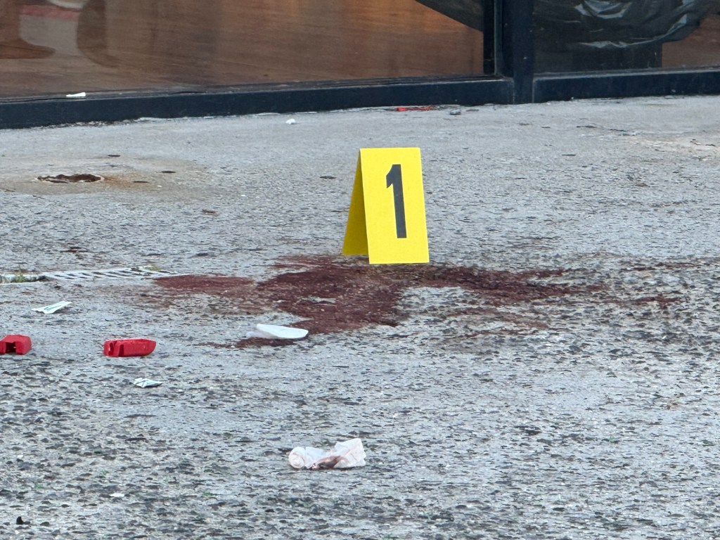 Crime scene with bloodstain and evidence markers.