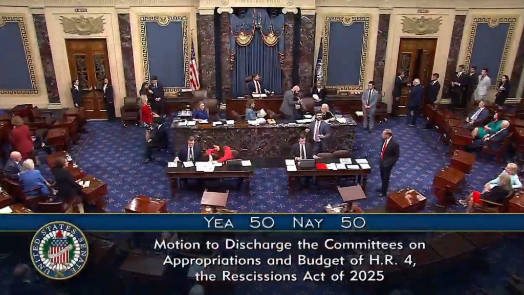 Senate vote on H.R. 4, the Rescissions Act of 2025: Yea 50, Nay 50.