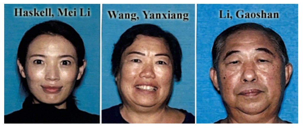 Mei Haskell, left, and her parents, YanXiang Wang and Gaoshan Li.