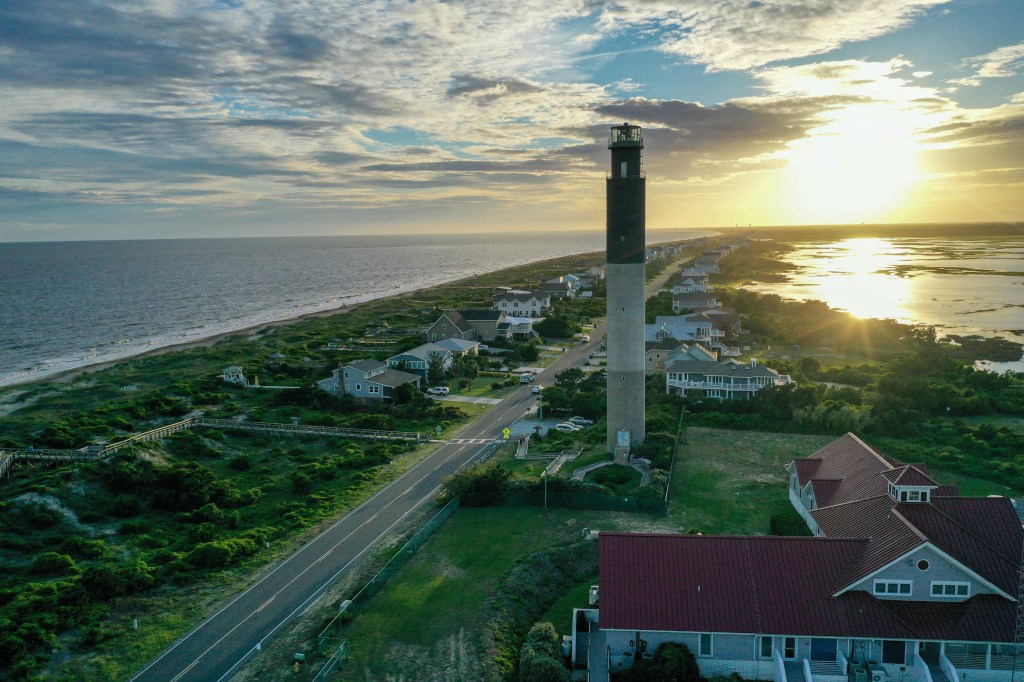 Aerial view of Oak Island beach in North Carolina.