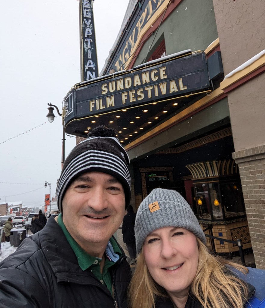 Selfie of a couple in front of the Egyptian Theatre during the Sundance Film Festival.