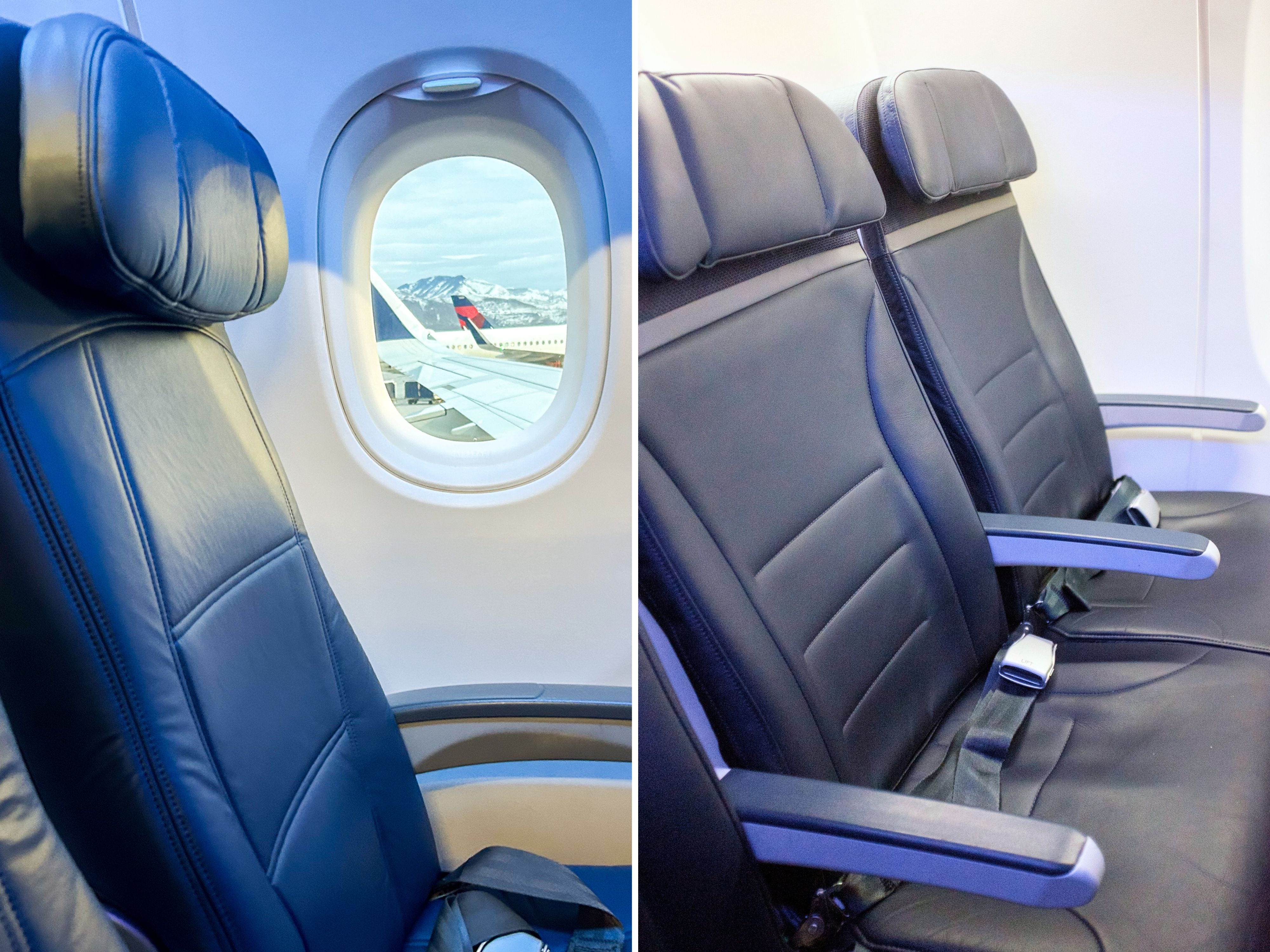 a composite image of empty rows of flight seats