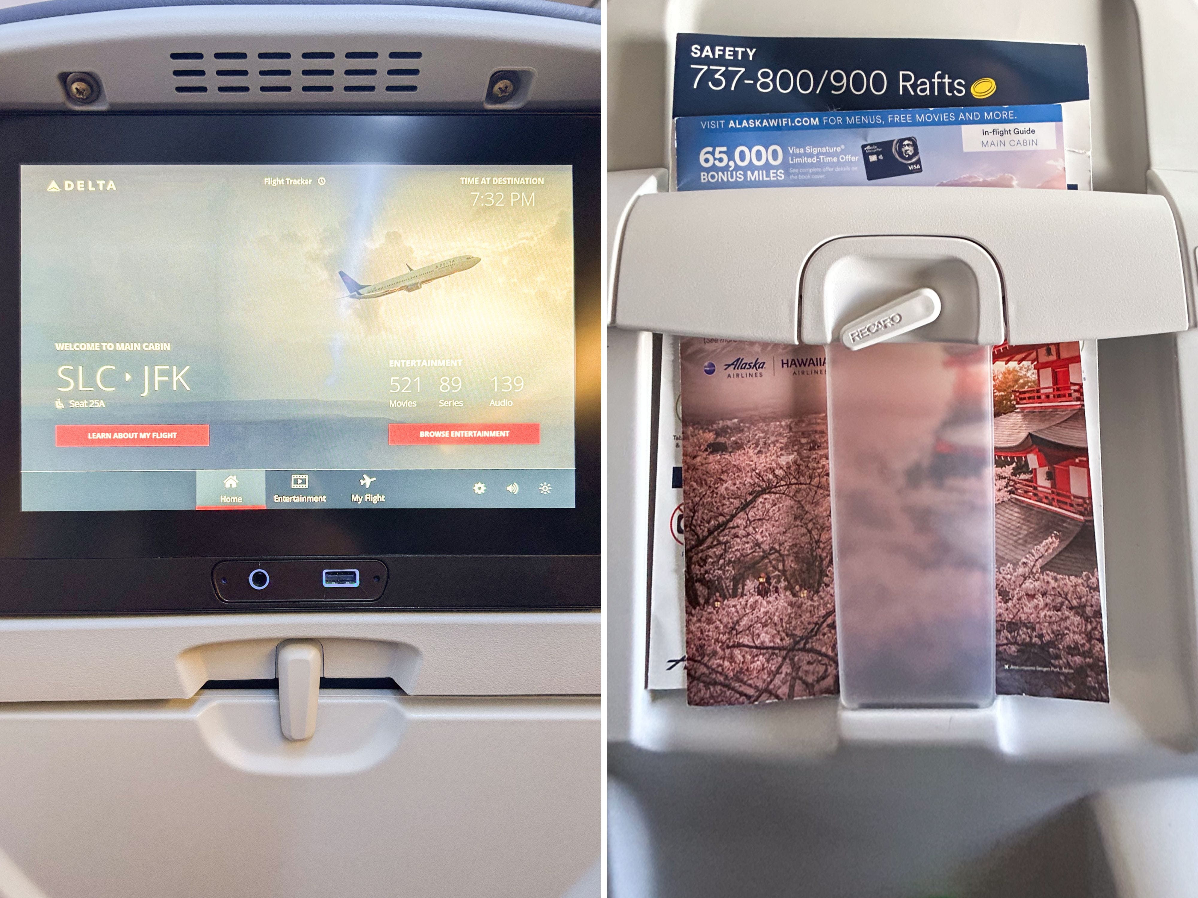 A composite image of an in-flight entertainment screen and a seat back with no screen