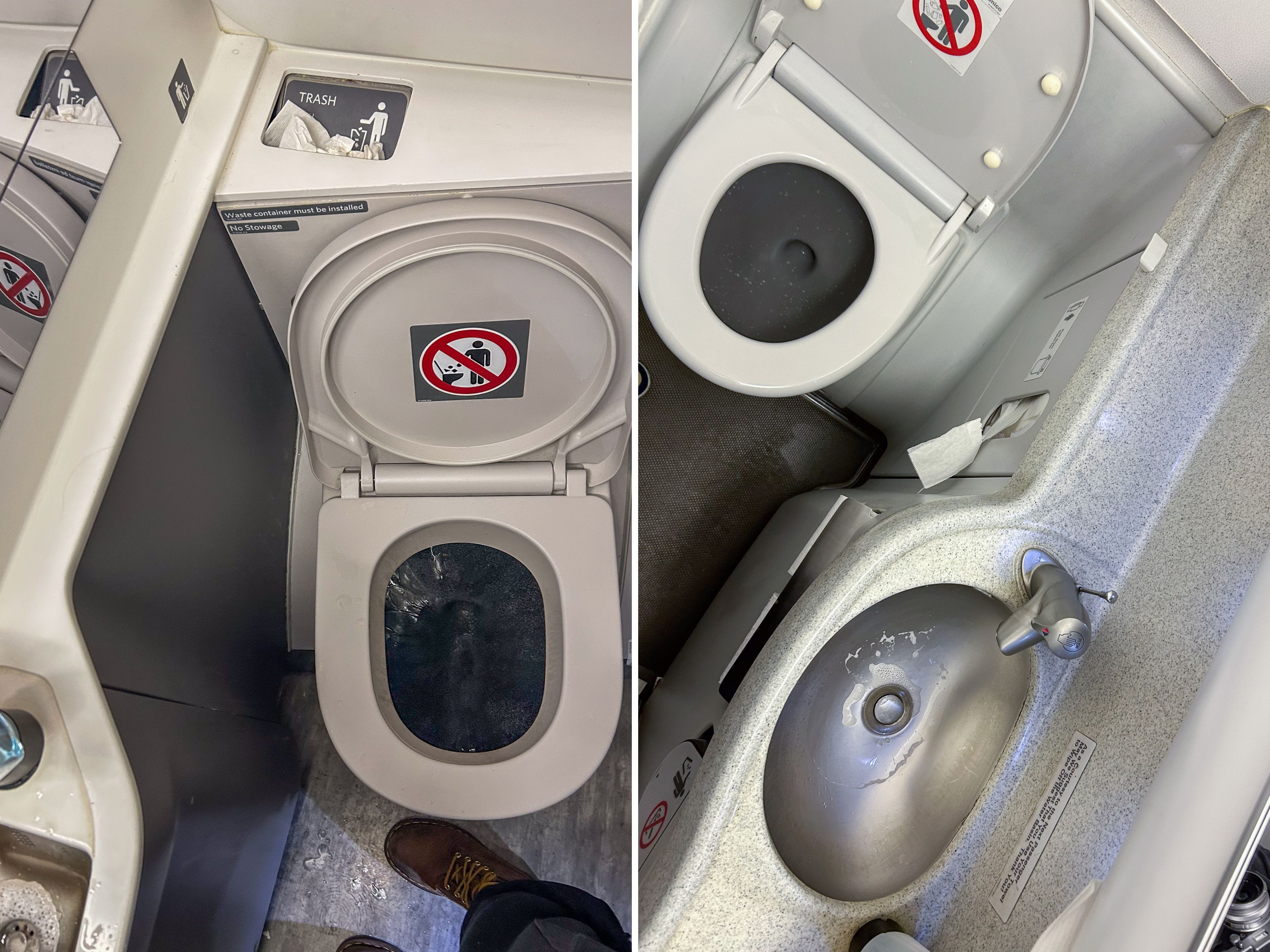 A composite image of two airplane bathrooms from a birds-eye view