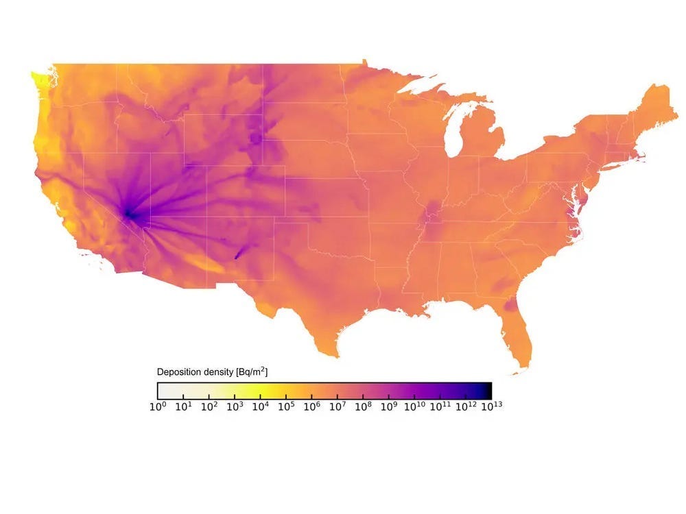 A map showing the movement of radioactive material across the contiguous U.S. from the Trinity test and Nevada tests with purple lines depicting its path