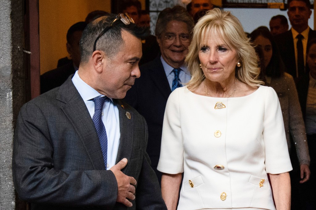 Jill Biden talks with senior adviser Anthony Bernal