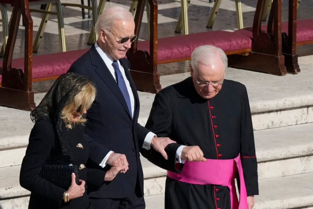 President Biden and his wife arrive at a funeral at the Vatican.
