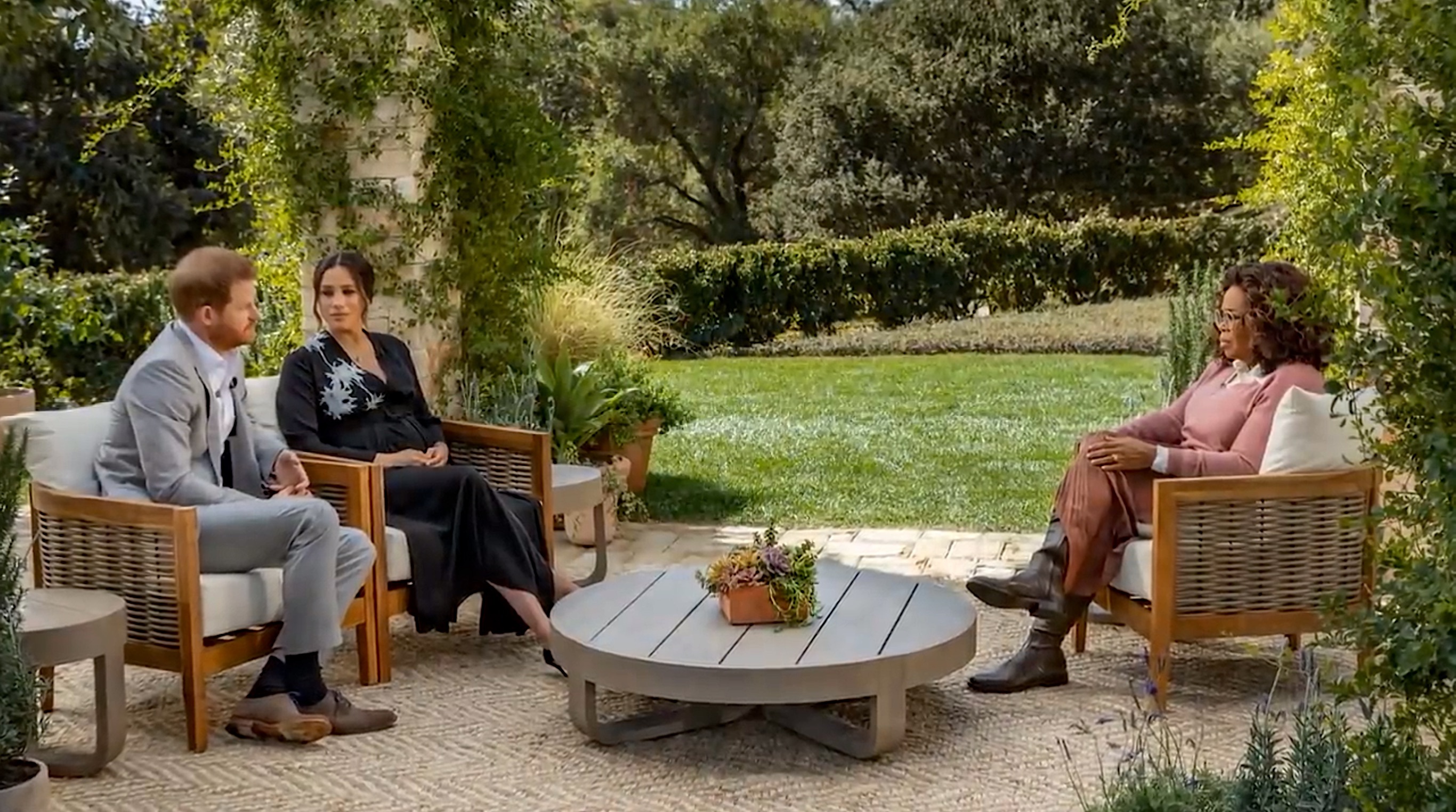Oprah Winfrey interviewing Prince Harry and Meghan Markle.