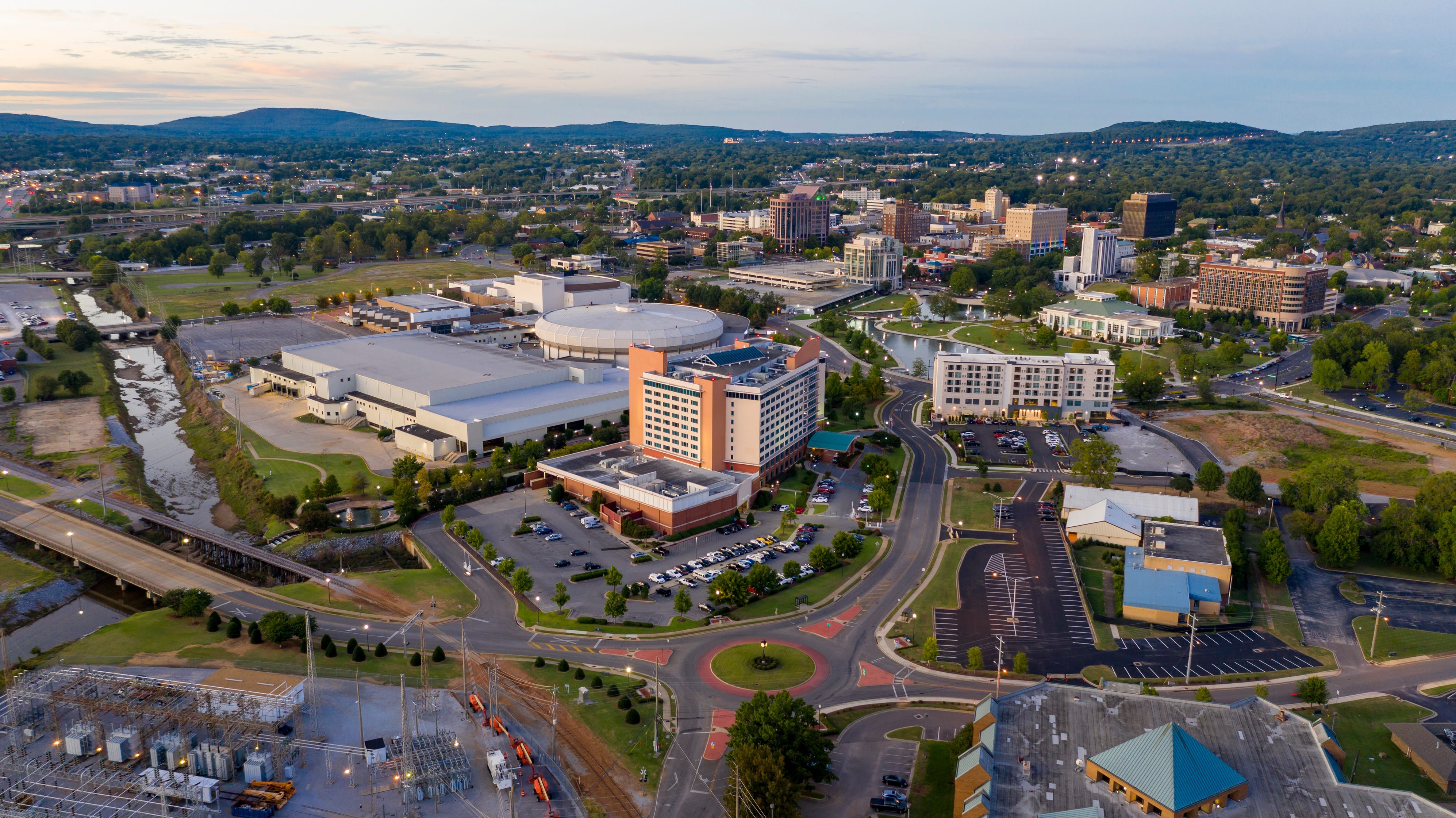 An aerial view of Huntsville, Alabama, at dusk.